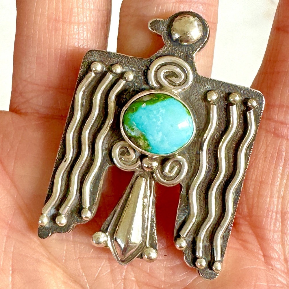 Navajo Thunderbird Ring Sonoran Turquoise Sz 8 Sterling Signed Mariano Adjustabl